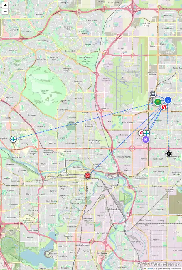 Daily accessibility map for 48 CASTLEGLEN WY NE, Calgary showing nearby schools, grocery stores, parks, LRT stations and nearby amenities