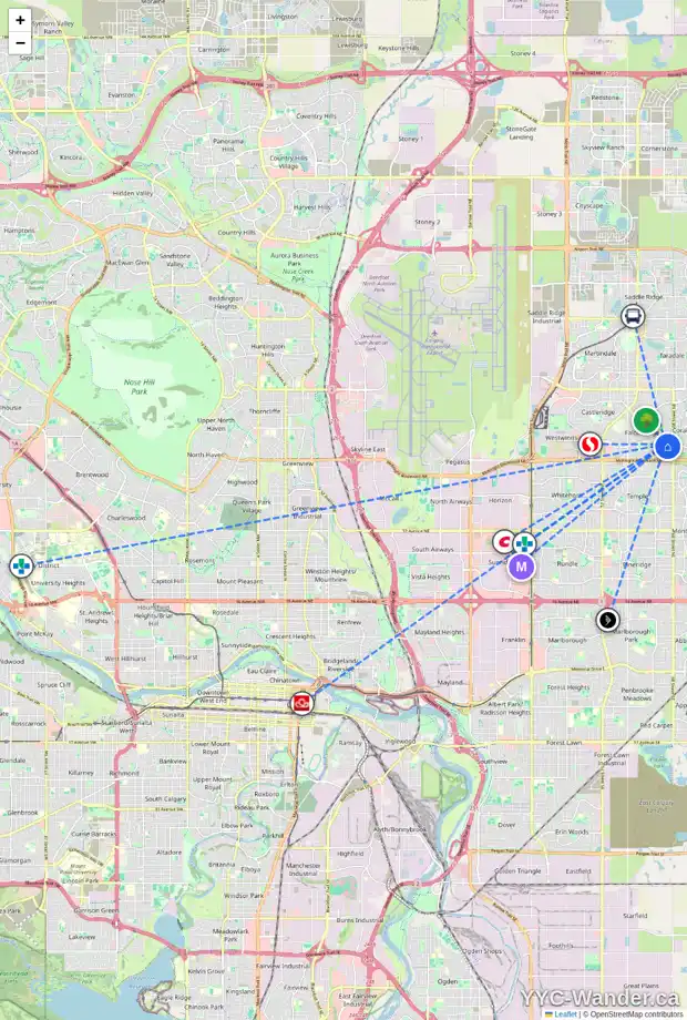 Daily accessibility map for 64 FALBURY BA NE, Calgary showing nearby schools, grocery stores, parks, LRT stations and nearby amenities