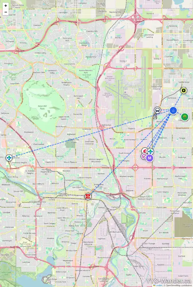 Daily accessibility map for 123 CASTLEGREEN CL NE, Calgary showing nearby schools, grocery stores, parks, LRT stations and nearby amenities
