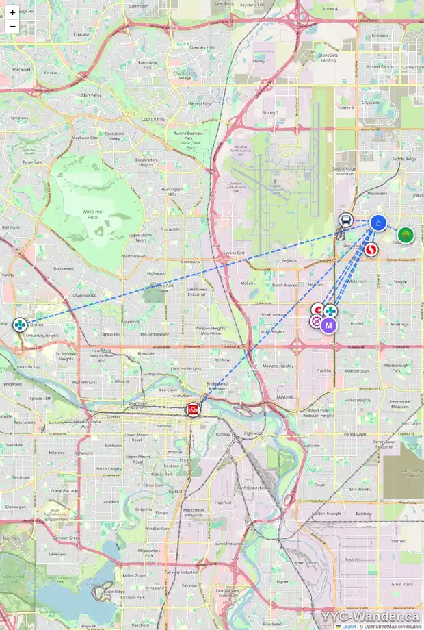 Daily accessibility map for 16 CASTLEDALE CR NE, Calgary showing nearby schools, grocery stores, parks, LRT stations and nearby amenities