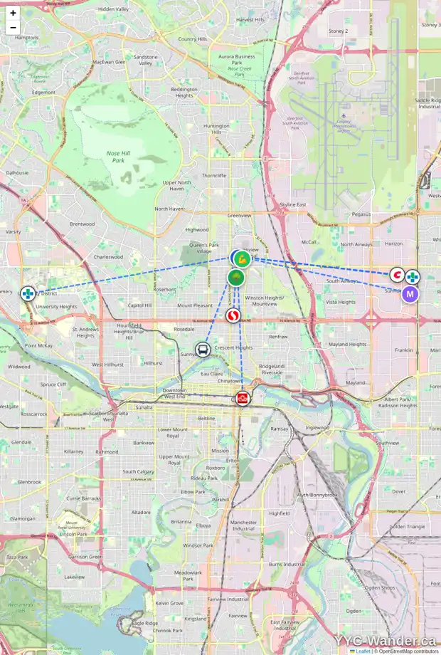 Daily accessibility map for 206 35 AV NE, Calgary showing nearby schools, grocery stores, parks, LRT stations and nearby amenities