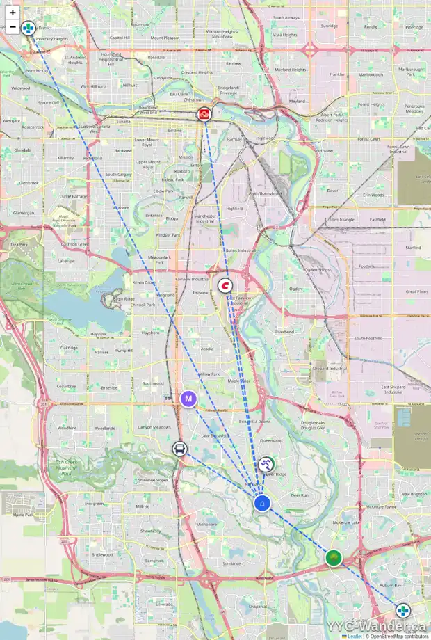 Daily accessibility map for 515 PARKVALLEY RD SE, Calgary showing nearby schools, grocery stores, parks, LRT stations and nearby amenities