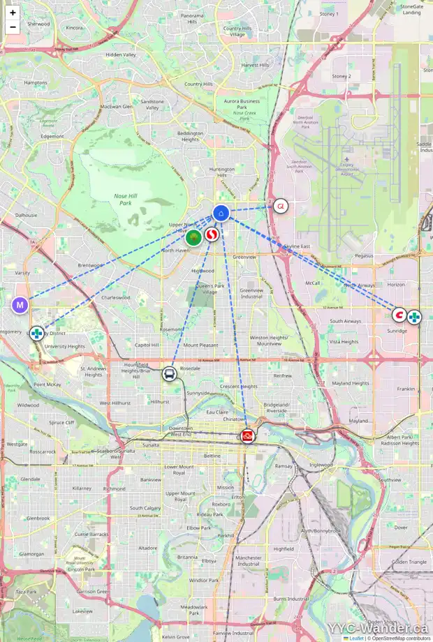 Daily accessibility map for 419 TACHE AV NW, Calgary showing nearby schools, grocery stores, parks, LRT stations and nearby amenities