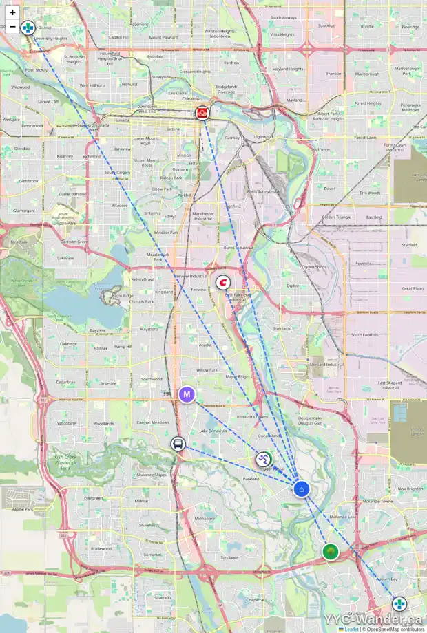 Daily accessibility map for 43 DEERMEADE RD SE, Calgary showing nearby schools, grocery stores, parks, LRT stations and nearby amenities