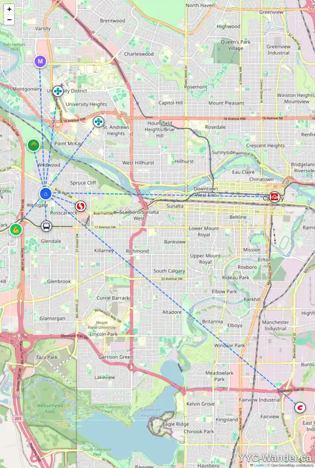 Daily accessibility map for 46 WESTVIEW DR SW, Calgary showing nearby schools, grocery stores, parks, LRT stations and nearby amenities