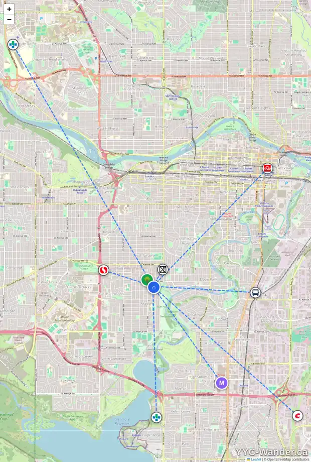 Daily accessibility map for 4002 15A ST SW, Calgary showing nearby schools, grocery stores, parks, LRT stations and nearby amenities