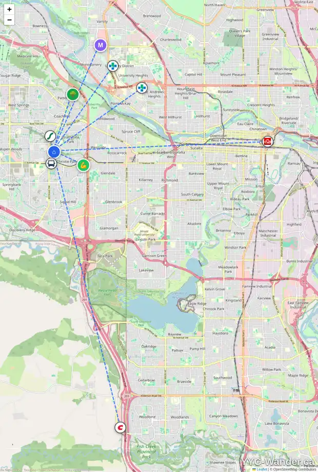 Daily accessibility map for 159 CHRISTIE KNOLL HT SW, Calgary showing nearby schools, grocery stores, parks, LRT stations and nearby amenities