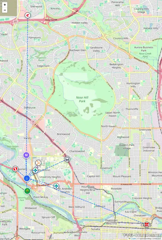 Daily accessibility map for 4440 BOWNESS RD NW, Calgary showing nearby schools, grocery stores, parks, LRT stations and nearby amenities