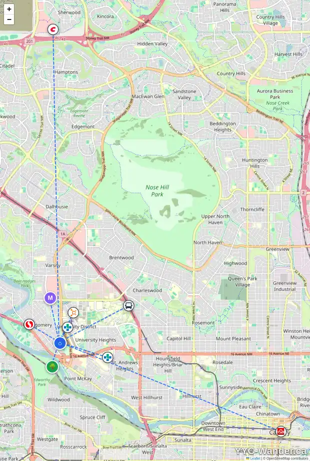 Daily accessibility map for 2103 MACKAY RD NW, Calgary showing nearby schools, grocery stores, parks, LRT stations and nearby amenities