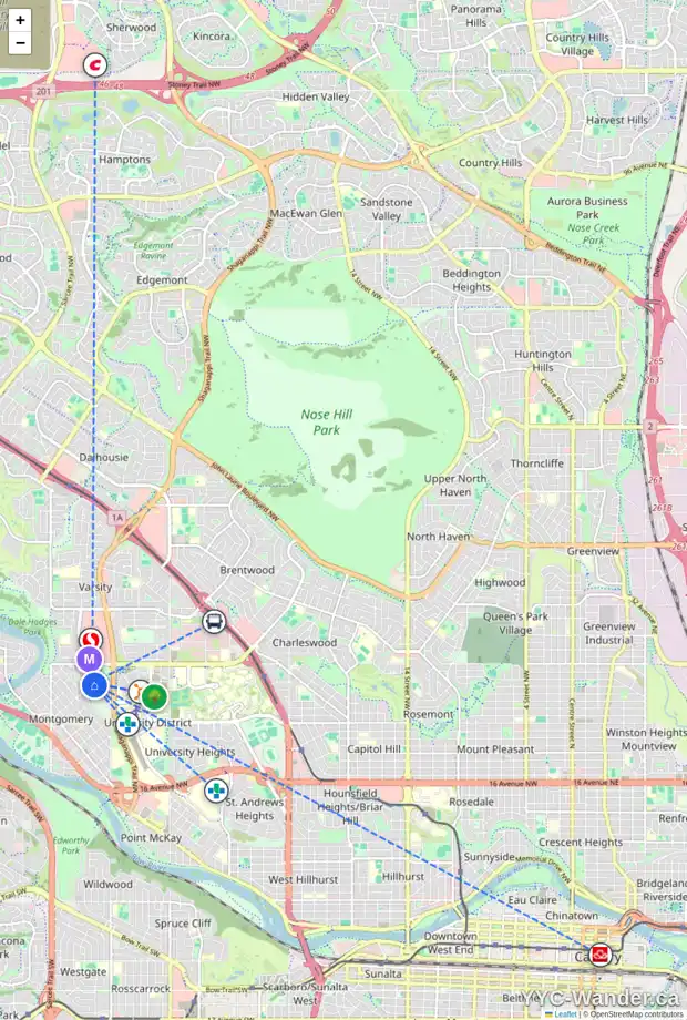 Daily accessibility map for 3011 46 ST NW, Calgary showing nearby schools, grocery stores, parks, LRT stations and nearby amenities