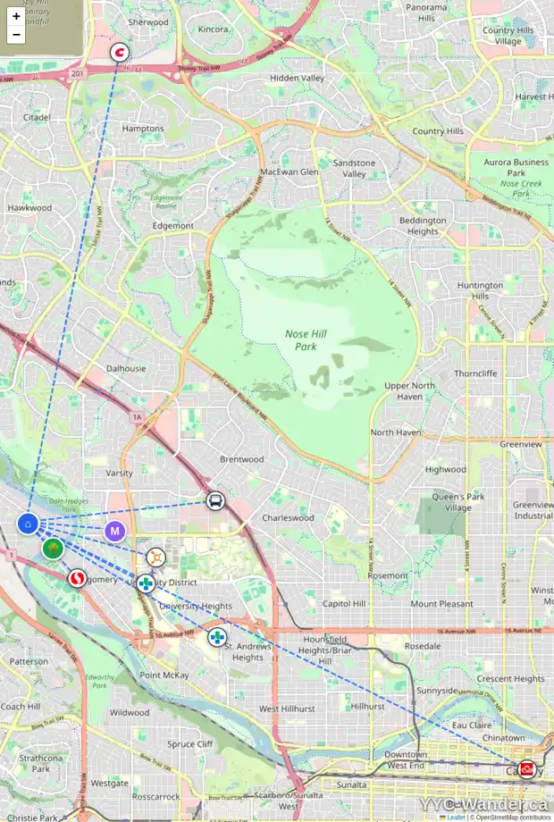 Daily accessibility map for 6308 34 AV NW, Calgary showing nearby schools, grocery stores, parks, LRT stations and nearby amenities