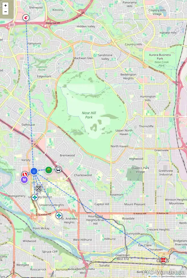 Daily accessibility map for 16 VARDANA PL NW, Calgary showing nearby schools, grocery stores, parks, LRT stations and nearby amenities