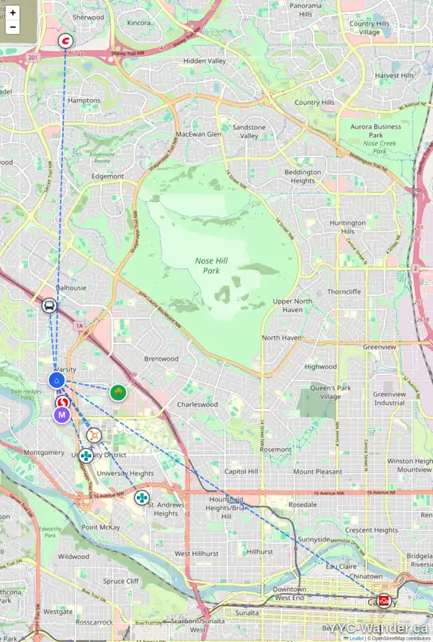 Daily accessibility map for 4211 49 ST NW, Calgary showing nearby schools, grocery stores, parks, LRT stations and nearby amenities