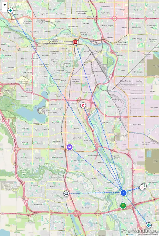 Daily accessibility map for 20 MT ROBSON CI SE, Calgary showing nearby schools, grocery stores, parks, LRT stations and nearby amenities