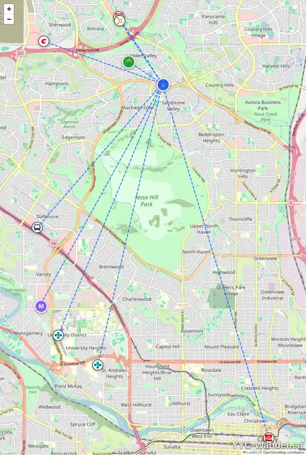 Daily accessibility map for 331 HIDDEN VALE PL NW, Calgary showing nearby schools, grocery stores, parks, LRT stations and nearby amenities