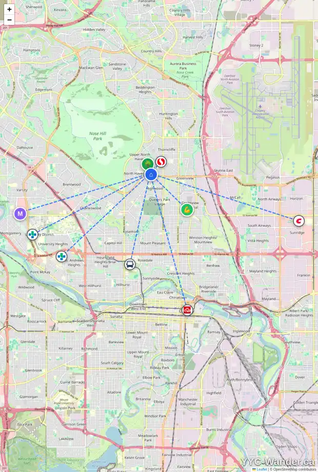Daily accessibility map for 4 TRAFFORD PL NW, Calgary showing nearby schools, grocery stores, parks, LRT stations and nearby amenities