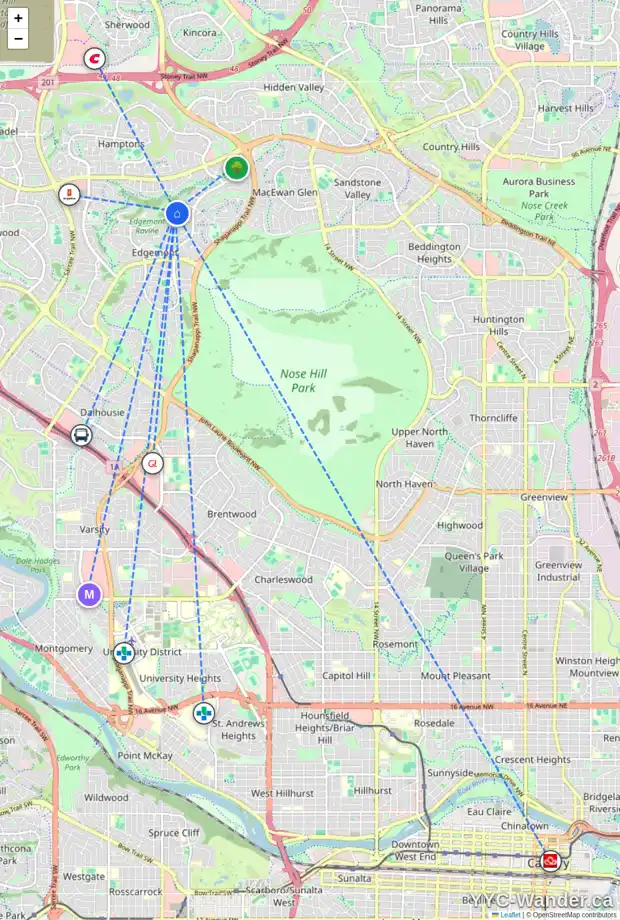 Daily accessibility map for 197 EDGEVALLEY WY NW, Calgary showing nearby schools, grocery stores, parks, LRT stations and nearby amenities