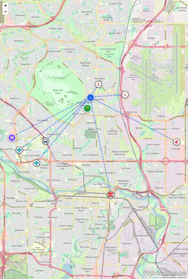 Daily accessibility map for 12 THORNABY CR NW, Calgary showing nearby schools, grocery stores, parks, LRT stations and nearby amenities