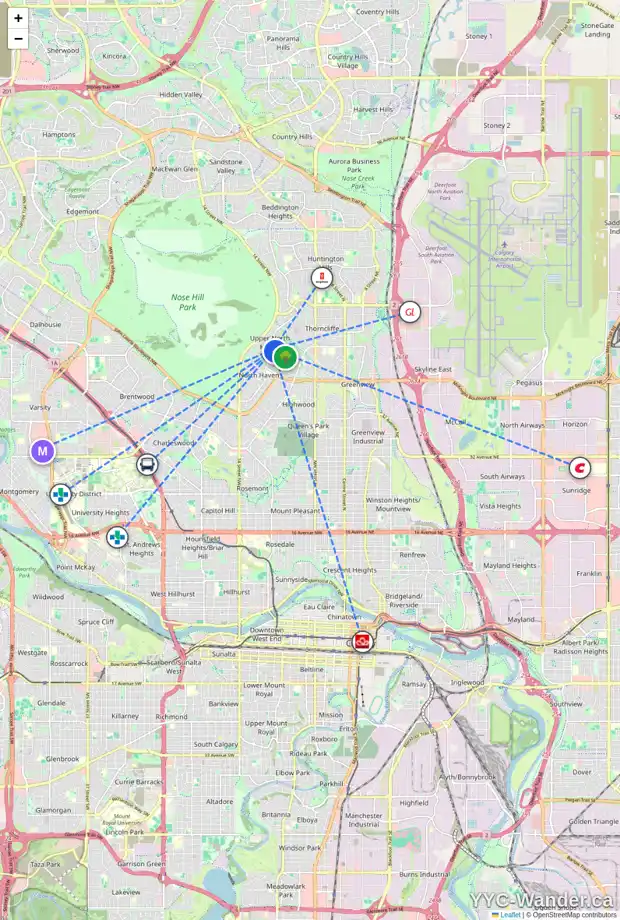 Daily accessibility map for 5208 NORTH HAVEN DR NW, Calgary showing nearby schools, grocery stores, parks, LRT stations and nearby amenities