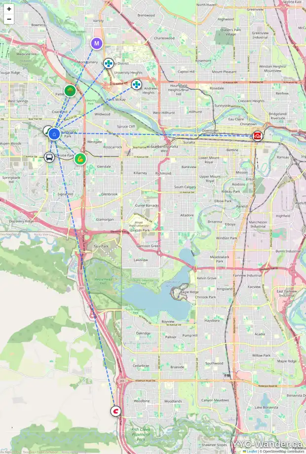 Daily accessibility map for 32 STRATHAVEN ME SW, Calgary showing nearby schools, grocery stores, parks, LRT stations and nearby amenities