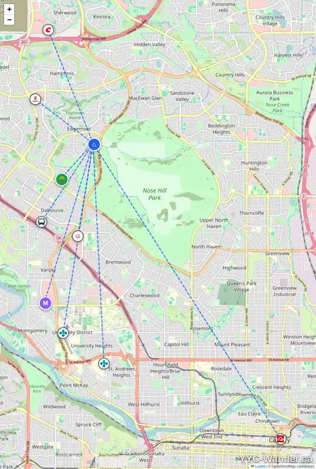 Daily accessibility map for 23 EDENWOLD CR NW, Calgary showing nearby schools, grocery stores, parks, LRT stations and nearby amenities