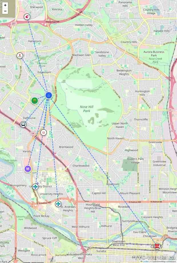 Daily accessibility map for 232 EDELWEISS PL NW, Calgary showing nearby schools, grocery stores, parks, LRT stations and nearby amenities