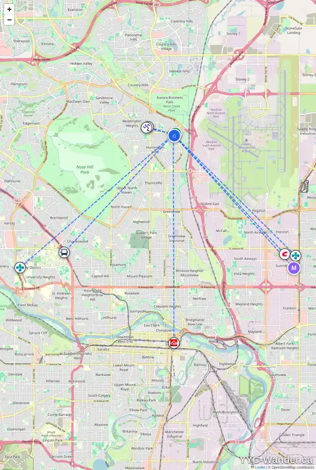 Daily accessibility map for 265 HUNTINGTON CL NE, Calgary showing nearby schools, grocery stores, parks, LRT stations and nearby amenities
