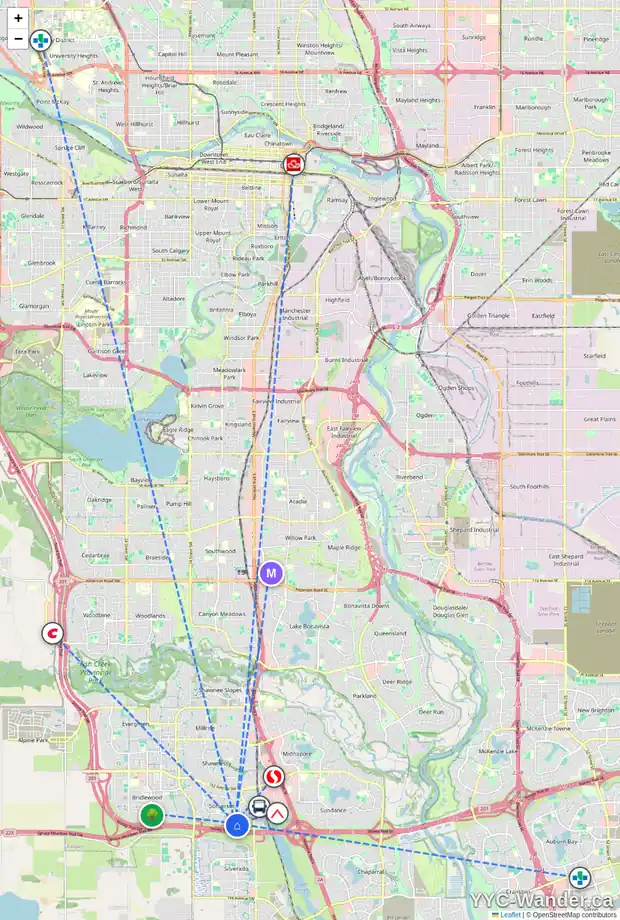 Daily accessibility map for 182 SOMERGLEN RD SW, Calgary showing nearby schools, grocery stores, parks, LRT stations and nearby amenities