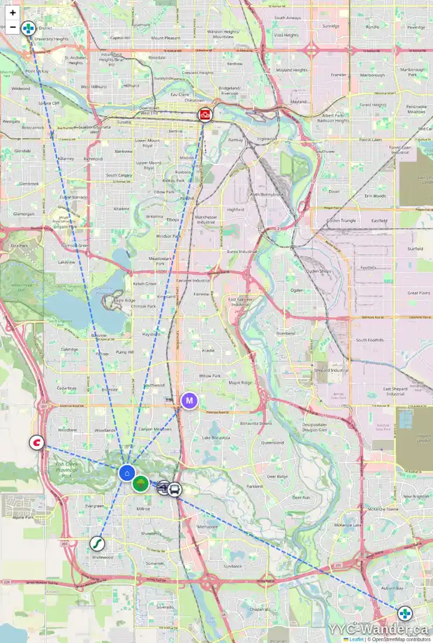 Daily accessibility map for 216 EVERGREEN CO SW, Calgary showing nearby schools, grocery stores, parks, LRT stations and nearby amenities