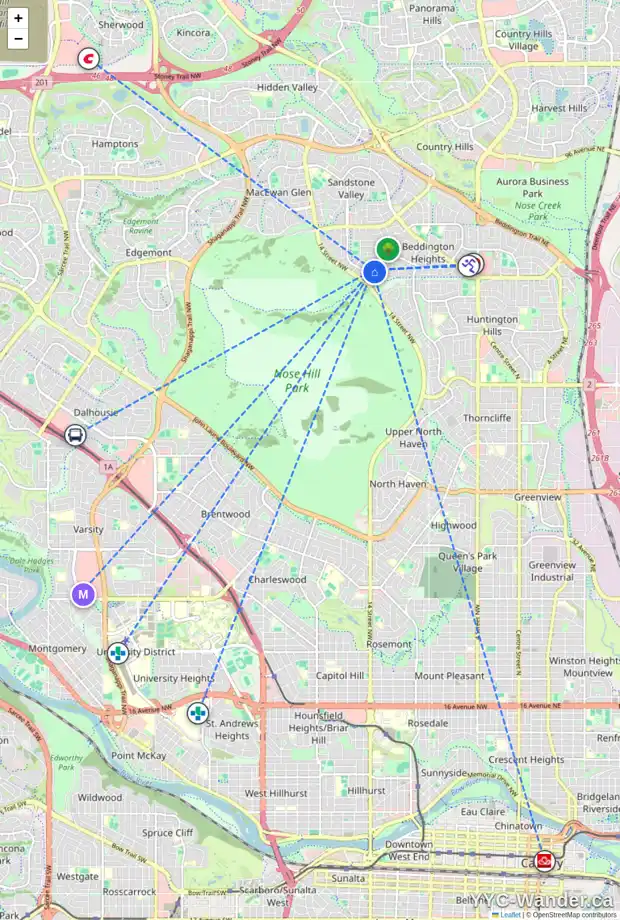 Daily accessibility map for 8139 13 ST NW, Calgary showing nearby schools, grocery stores, parks, LRT stations and nearby amenities