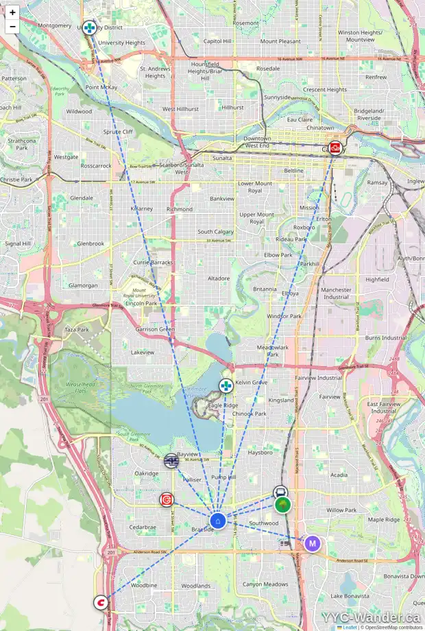 Daily accessibility map for 10643 BRACKENRIDGE RD SW, Calgary showing nearby schools, grocery stores, parks, LRT stations and nearby amenities