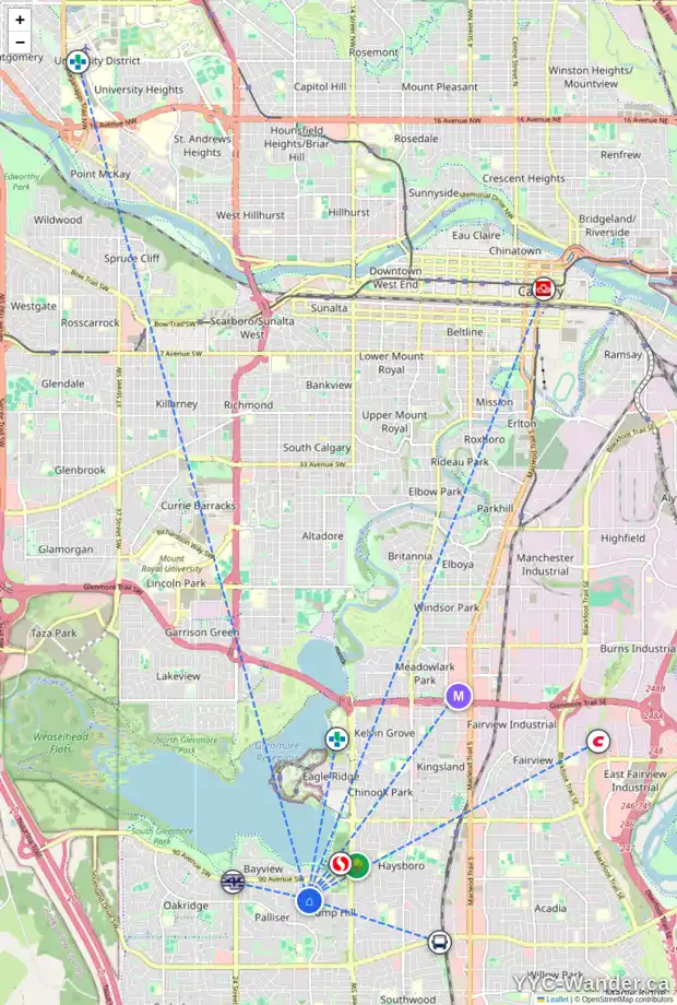 Daily accessibility map for 2019 PUMP HILL WY SW, Calgary showing nearby schools, grocery stores, parks, LRT stations and nearby amenities