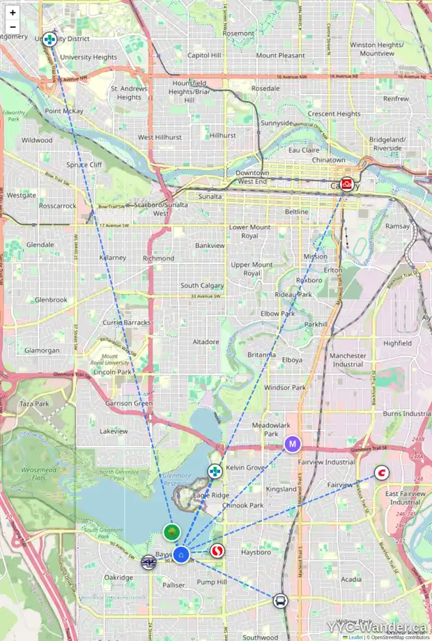 Daily accessibility map for 2024 BAY SHORE RD SW, Calgary showing nearby schools, grocery stores, parks, LRT stations and nearby amenities