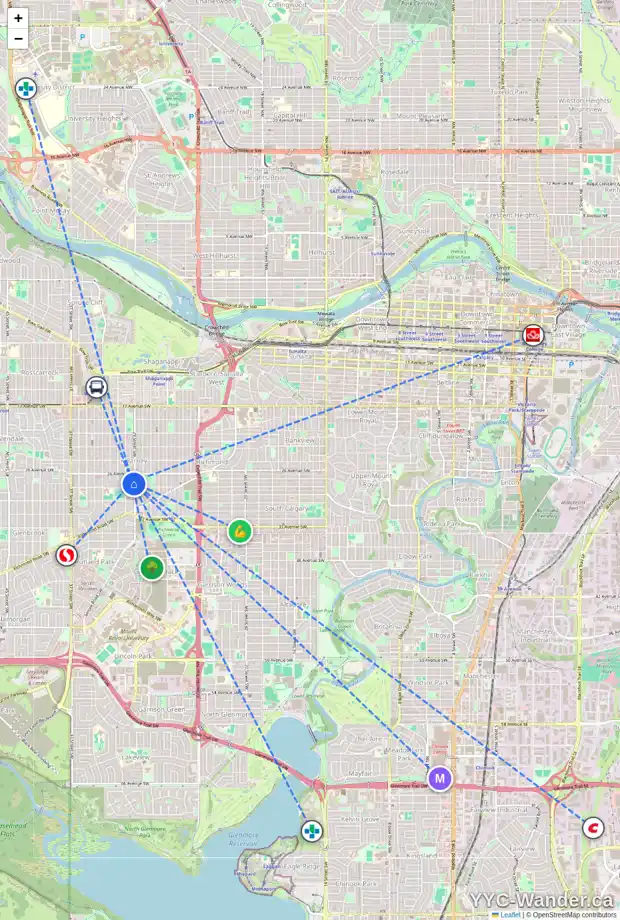 Daily accessibility map for 2827 29 ST SW, Calgary showing nearby schools, grocery stores, parks, LRT stations and nearby amenities