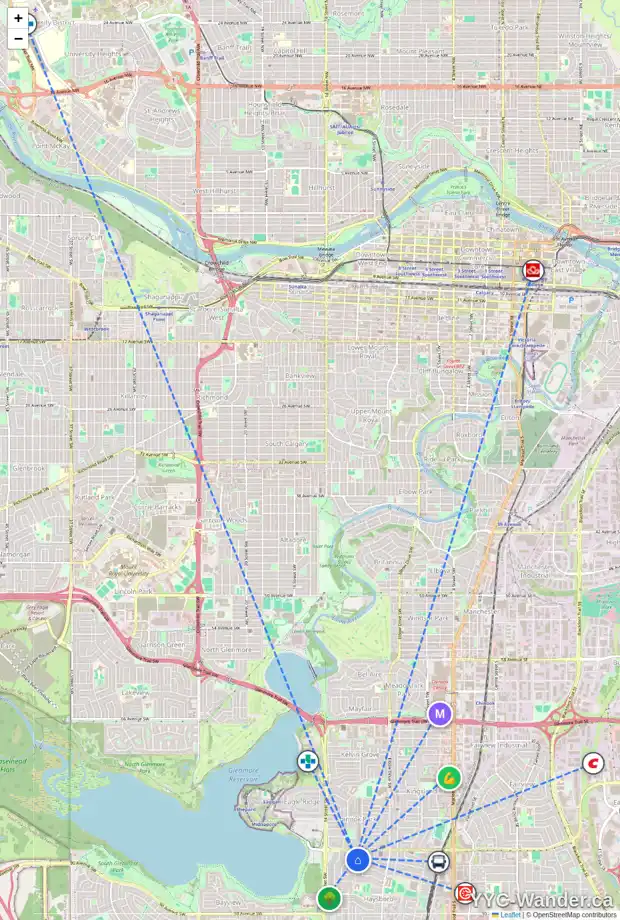 Daily accessibility map for 8324 11 ST SW, Calgary showing nearby schools, grocery stores, parks, LRT stations and nearby amenities
