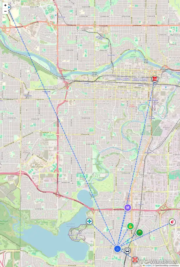 Daily accessibility map for 11 HEALY DR SW, Calgary showing nearby schools, grocery stores, parks, LRT stations and nearby amenities