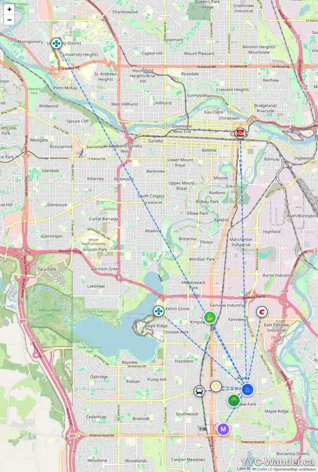 Daily accessibility map for 9807 AUSTIN RD SE, Calgary showing nearby schools, grocery stores, parks, LRT stations and nearby amenities