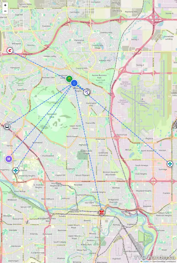 Daily accessibility map for 77 BERKSHIRE CL NW, Calgary showing nearby schools, grocery stores, parks, LRT stations and nearby amenities