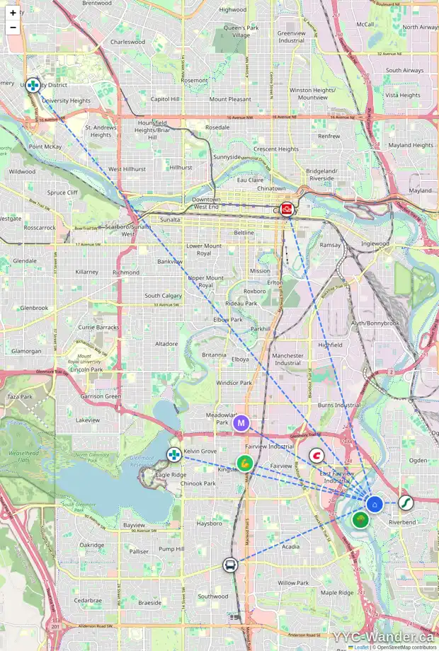 Daily accessibility map for 12 RIVERSIDE CR SE, Calgary showing nearby schools, grocery stores, parks, LRT stations and nearby amenities