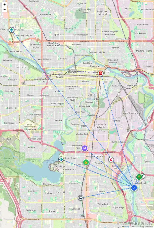 Daily accessibility map for 64 RIVERVIEW ME SE, Calgary showing nearby schools, grocery stores, parks, LRT stations and nearby amenities
