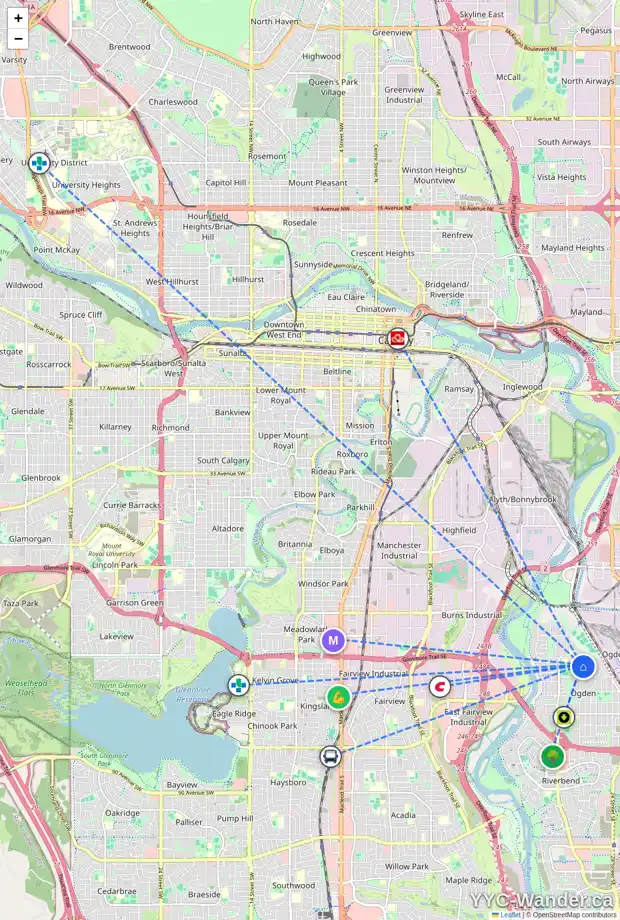Daily accessibility map for 6704 20A ST SE, Calgary showing nearby schools, grocery stores, parks, LRT stations and nearby amenities