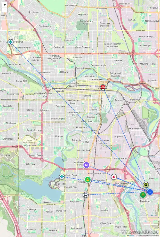 Daily accessibility map for 8021 20A ST SE, Calgary showing nearby schools, grocery stores, parks, LRT stations and nearby amenities