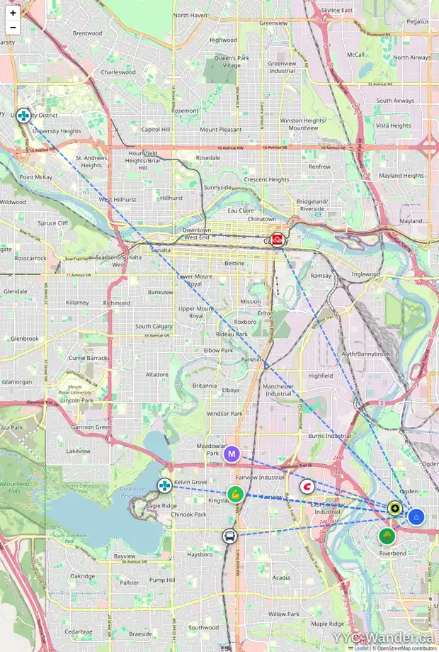 Daily accessibility map for 7810 21A ST SE, Calgary showing nearby schools, grocery stores, parks, LRT stations and nearby amenities