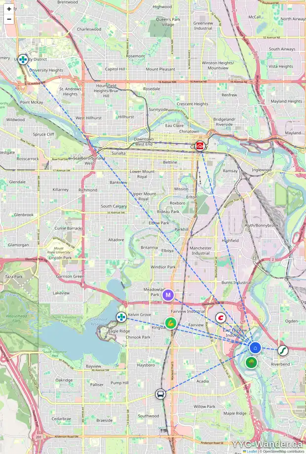 Daily accessibility map for 160 RIVERSIDE CI SE, Calgary showing nearby schools, grocery stores, parks, LRT stations and nearby amenities