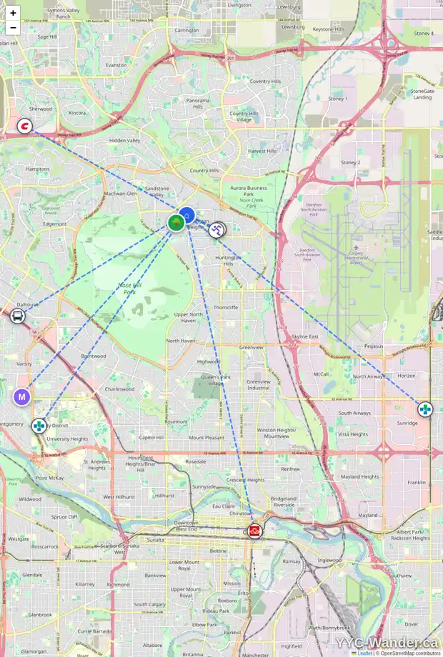 Daily accessibility map for 103 BERWICK DR NW, Calgary showing nearby schools, grocery stores, parks, LRT stations and nearby amenities