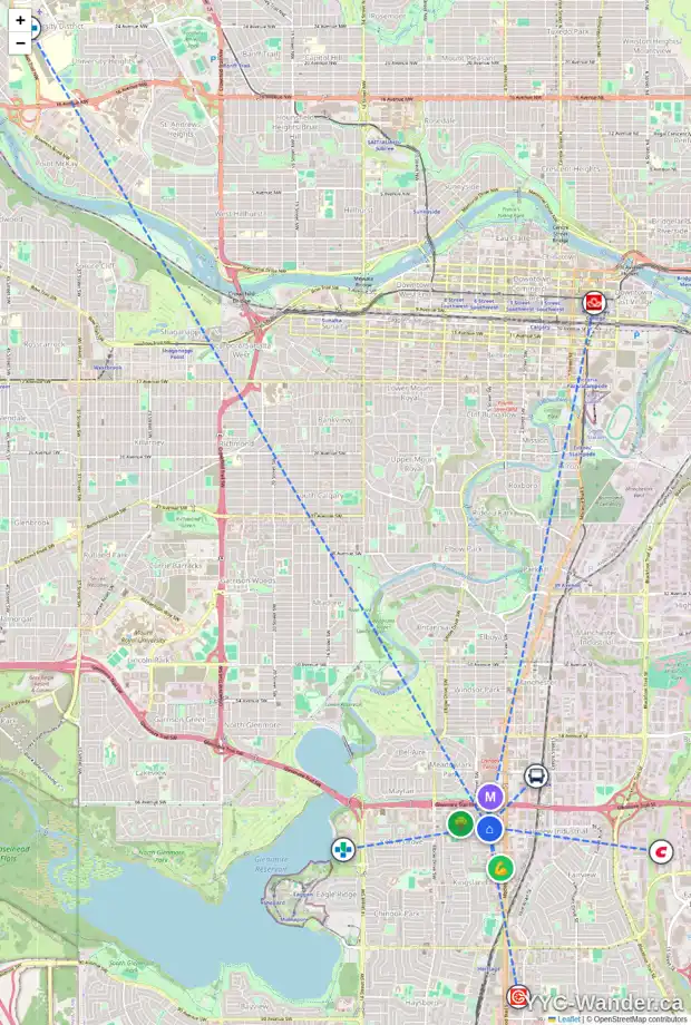 Daily accessibility map for 607 68 AV SW, Calgary showing nearby schools, grocery stores, parks, LRT stations and nearby amenities