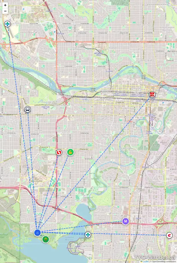 Daily accessibility map for 6937 LIVINGSTONE DR SW, Calgary showing nearby schools, grocery stores, parks, LRT stations and nearby amenities