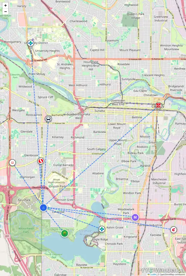 Daily accessibility map for 5926 37 ST SW, Calgary showing nearby schools, grocery stores, parks, LRT stations and nearby amenities