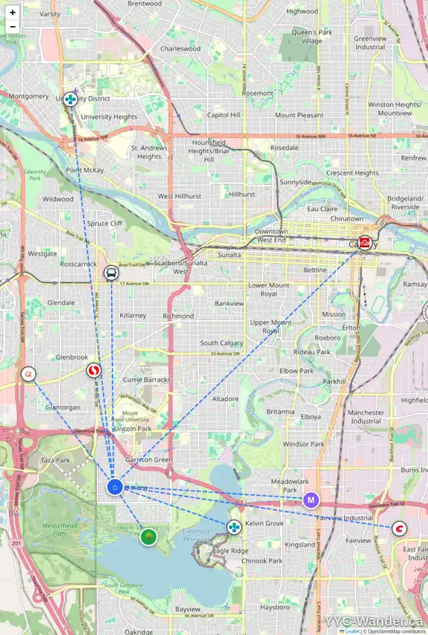 Daily accessibility map for 6223 LEWIS DR SW, Calgary showing nearby schools, grocery stores, parks, LRT stations and nearby amenities
