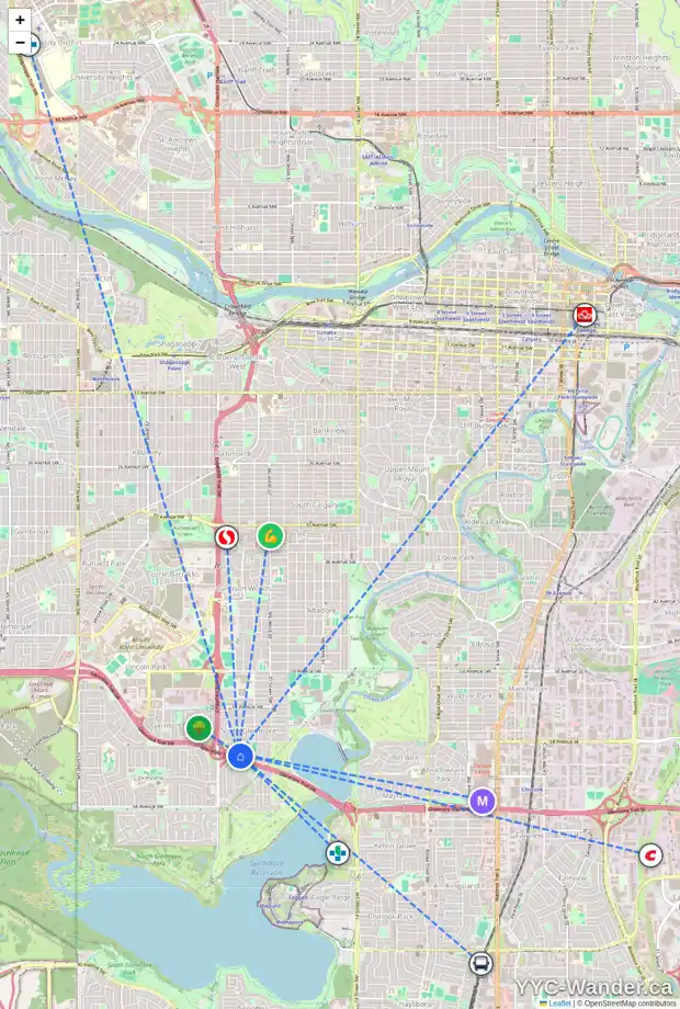 Daily accessibility map for 2328 LANGRIVILLE DR SW, Calgary showing nearby schools, grocery stores, parks, LRT stations and nearby amenities